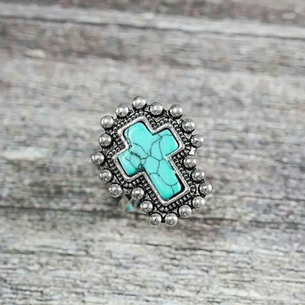 Western Turquoise Cross Adjustable Ring - Picture 3 of 5